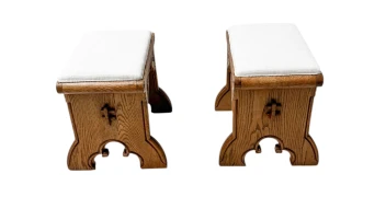 Arts & Crafts Hand-Carved Oak Stools with Boucle Upholstery, 1900s
